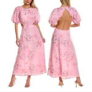 NWT Bardot Malina Floral Midi Dress Pink Flora Cutout Puff Sleeve Size 6